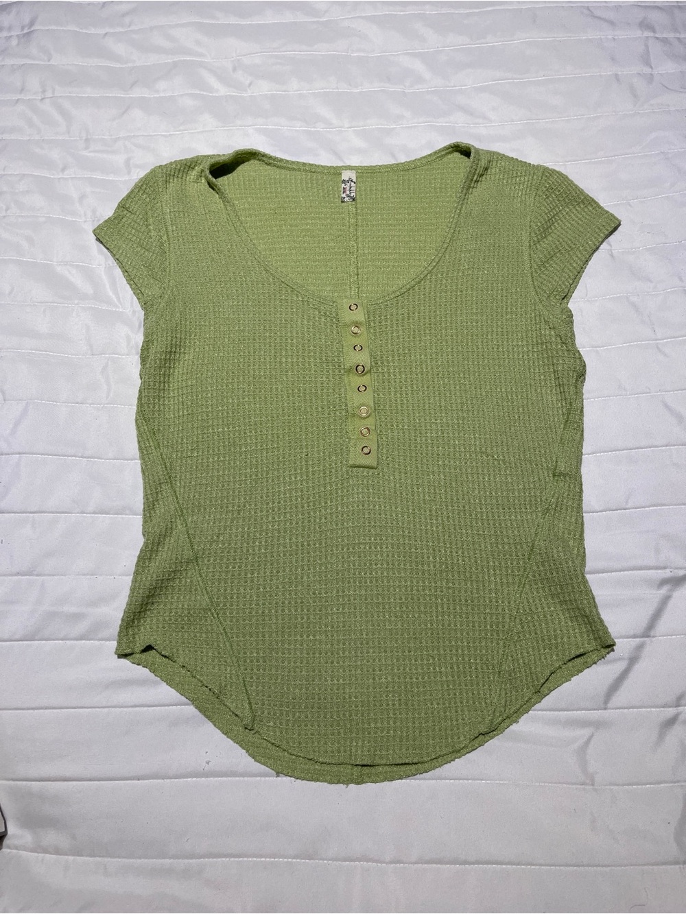 Free People Olive Green Short Sleeve Waffle Henley Top